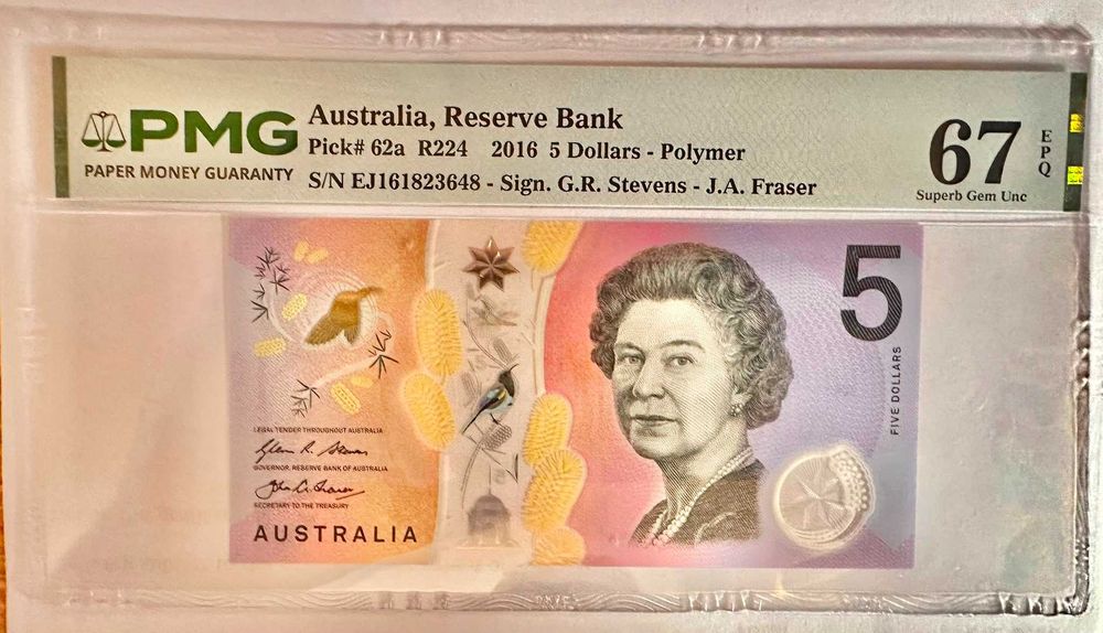 Nota de Austrália – 5 Dólares 2016 – Pick# 62a / R224 (PMG 67 EPQ Superb Gem Unc)