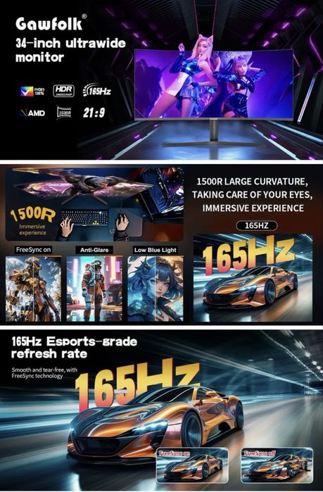 Monitor Gawfolk Curvo UWQHD 4K  34 Polegadas 165hz