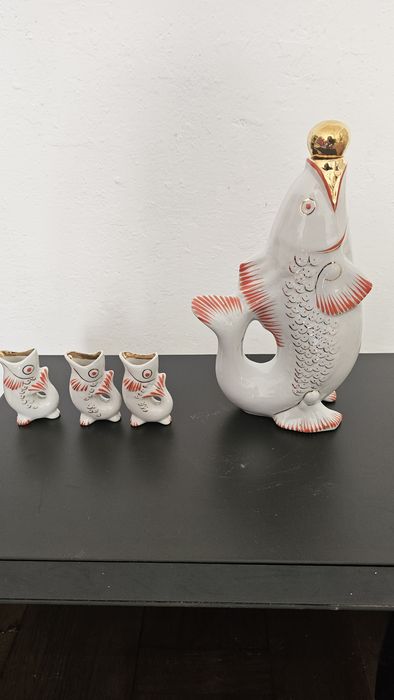 Karafka Ryba + 3 kieliszki, piękne, PRL