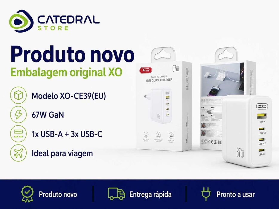 Carregador XO 67W GaN 3x USB-C + USB-A | Carga Rápida