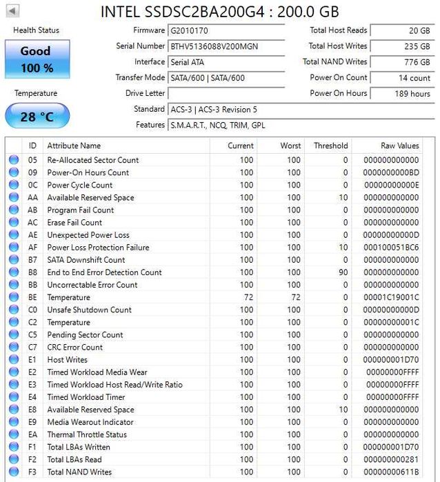 SSD Intel DC S3710 200GB Enterprise - Saúde 100%
