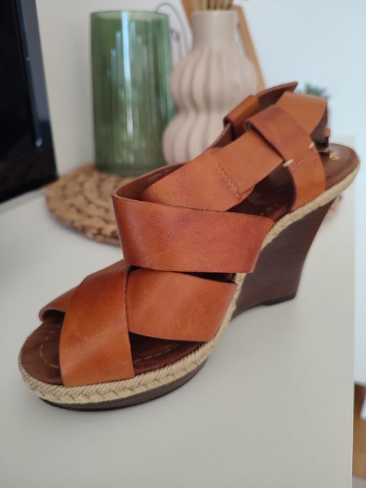 Sandały Clarks 37 koturny espadryle skórzane brązowe sznurek hit lata!