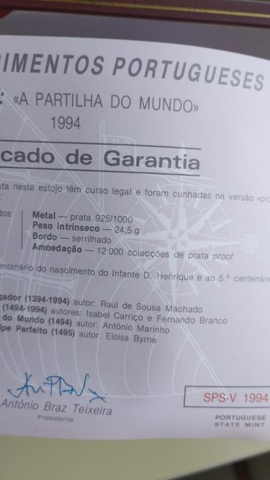Coleção de moedas em Prata dos descobrimentos Portugueses 1994 Caixa original comEstojo Garantia e Livro Não envio por correio entreg em mão em Lisboa