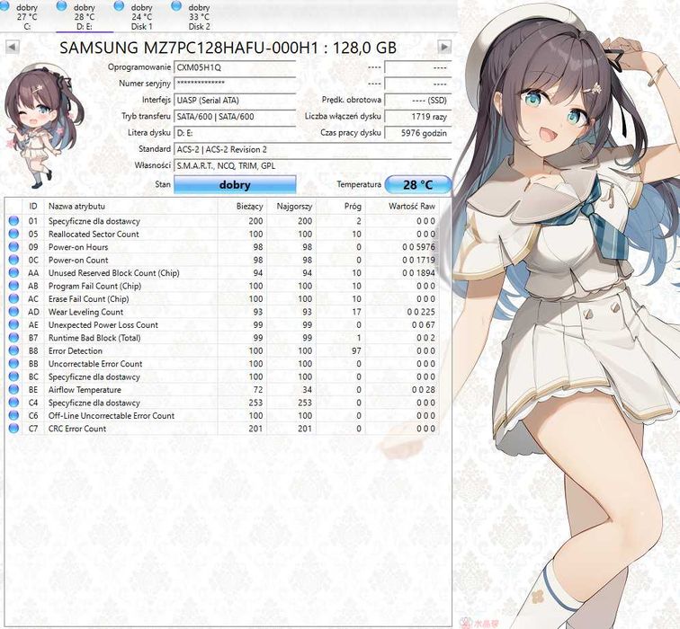 Dysk SSD SATA 128GB Samsung MZ7PC128HAFU-000H1 Z Pamięcią Cache RAM 2.5" Cala