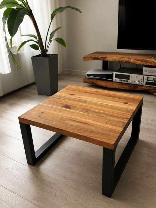 Stolik kawowy z litej akacji 70x70 | Loft | Stal | Olejowosk Osmo
