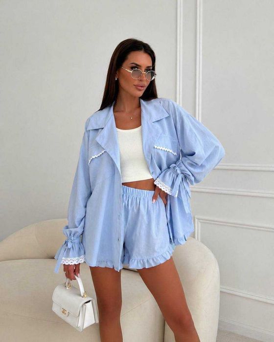 жіночий лляний костюм сорочка oversize та шорти з мереживом льняной костюм рубашка с кружевом и шорты