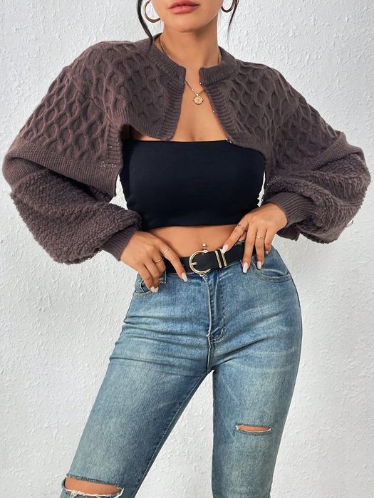 Kardigan Sweterek Krótki Z Bufiastymi Rękawami Brązowy Casual Shein S