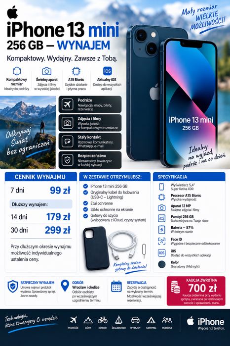 iPhone 13 mini 256 GB – wynajem na 7 dni  bateria 87%
