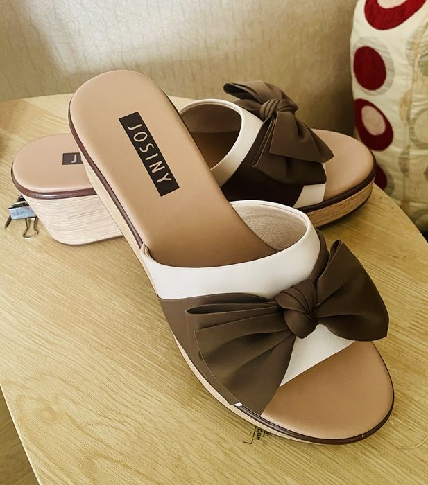 Шлепки бант бежевый / кофе с молоком, кожа