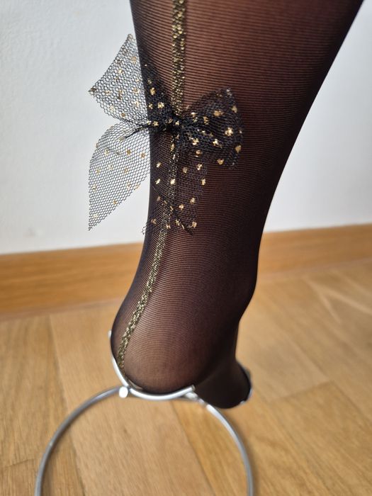 Rajstopy Calzedonia s/m czarne złote szew z kokardkami shiny legs 30