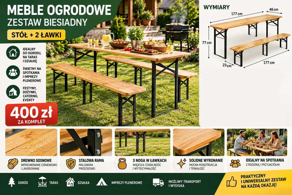 Meble Ogrodowe 2 Ławki + Stół Biesiadne Piwne Cateringowe 180cm NOWE