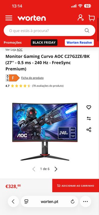 Monitor AOC Curvo 27” 240Hz 0.5ms + Braco suporte