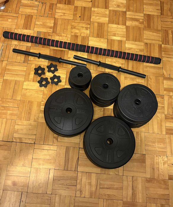 Zestaw do cwiczen: lawka, hantle, sztanga