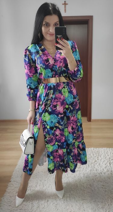 Sukienka MIDI w kwiaty wesele impreza chrzciny