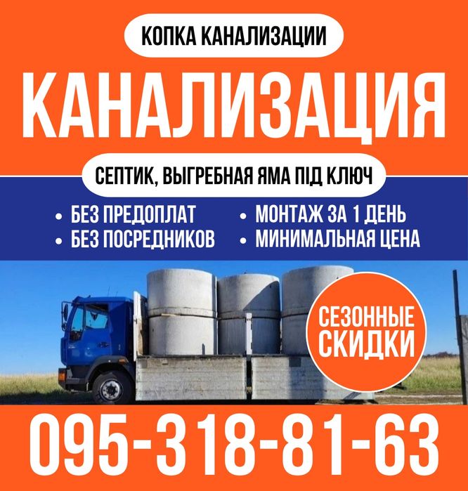 Канализация под ключ. Копка септика, выгребной ямы из бетонных колец.