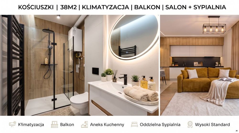BEZPOŚREDNIO | 2 pokoje 38,5 m² | balkon | klimatyzacja | Kościuszki