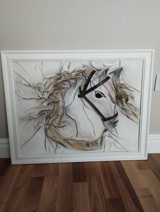 Biały koń obraz ze skóry naturalnej, stary duży 77x61 cm polecam