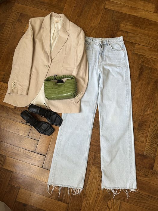 Прямые джинсы голубые высокая талия zara hm