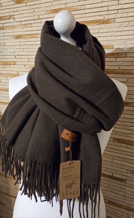 Piękny szal 50%kaszmir 50% wełna duży  200x70 cm brąz czekolada caffe