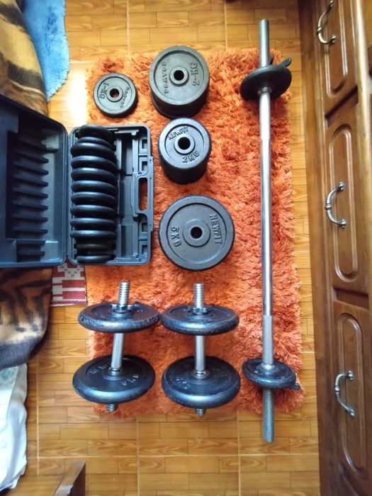 Conjunto completo musculação (banco + barras + discos em ferro) – ideal para home gym