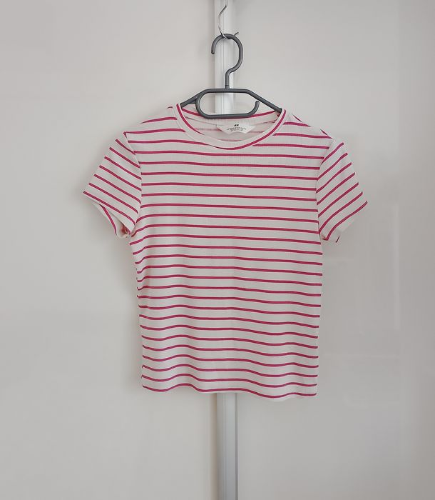 Koszulka T-shirt dziewczęcy H&M w paski r. 158/164 różowo-biały top basic