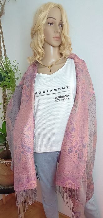 Piękny szal chusta różowy szary 100% kaszmir Pashmina