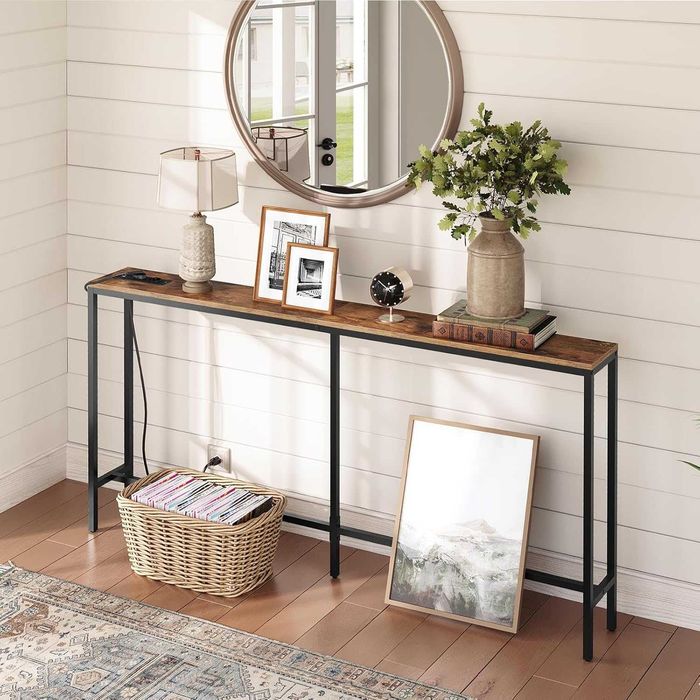 Mesa Consola Estreita MAHANCRIS 160 cm com Tomadas | Mesa de Entrada Slim com Estação de Carregamento | Consola para Hall, Sala e Atrás do Sofá