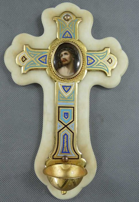 KROPIELNICA krzyż alabaster emalia JEZUS porcelana 25 cm