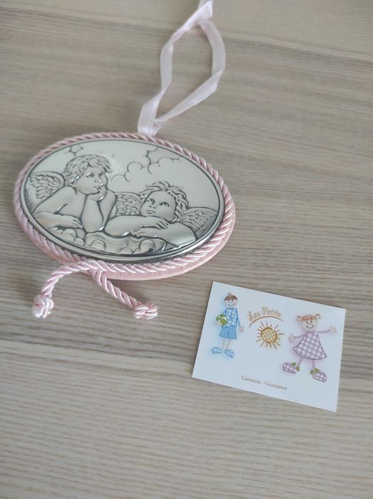 Medalha de berço com anjos da guarda em laminado de prata NOVA