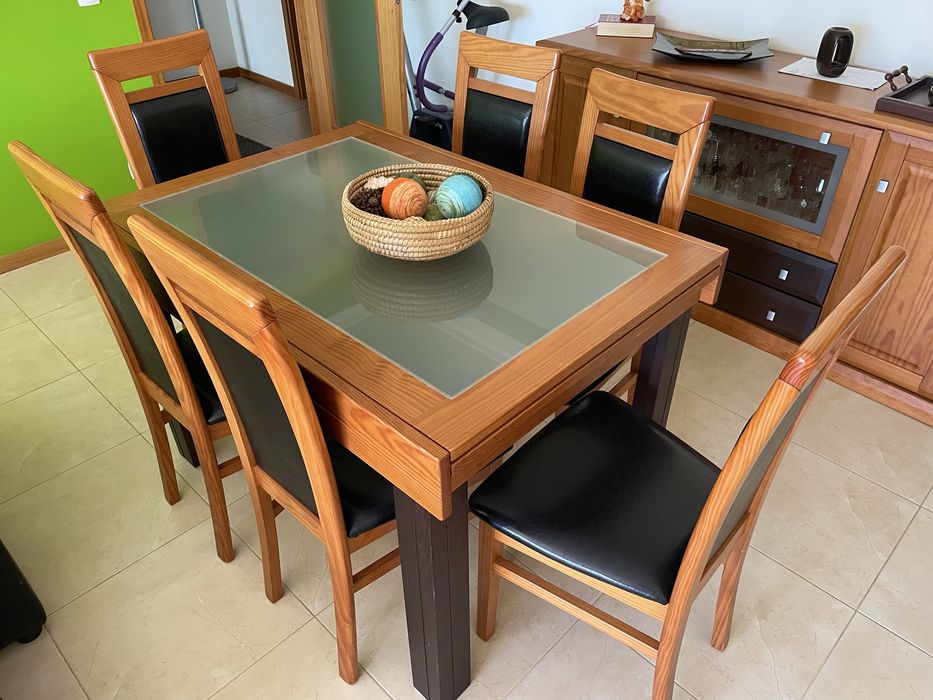 Mesa de madeira de pinho e wengue, DIM1200x850x780 extensivel a 2400