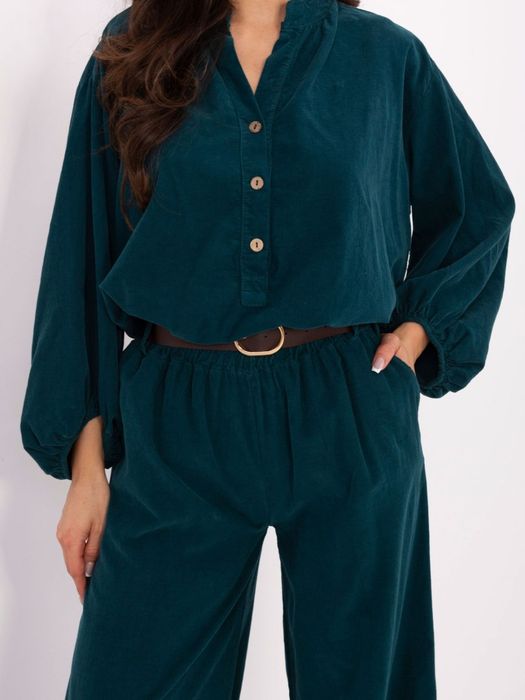 Morskie sztruksowe spodnie ITALY MODA – szerokie nogawki i pasek