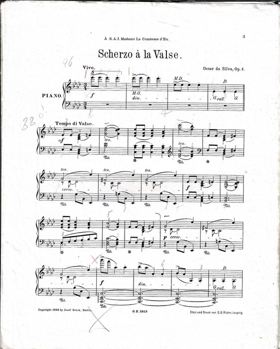 PIANO: Partitura Antiga 1895 - Óscar da Silva - Scherzo à la Valse (Mau Estado).  Carimbo Sasseti.