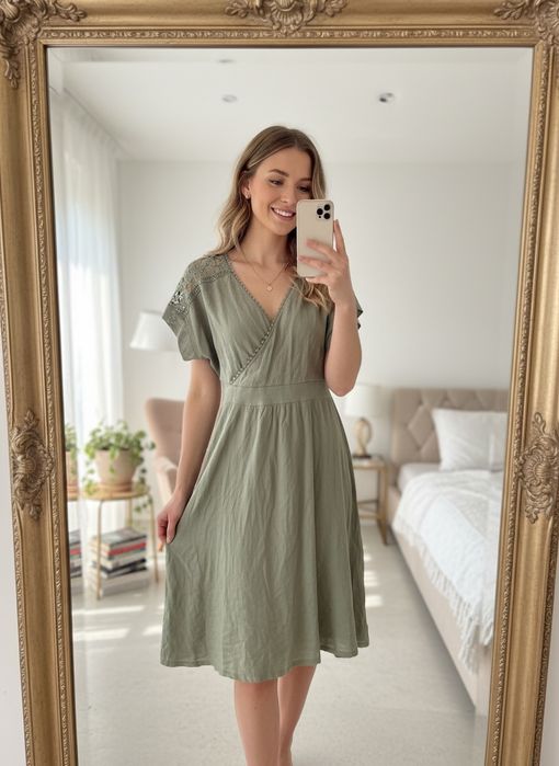 zwiewna sukienka, koronkowe wykończenie, gumka w talii