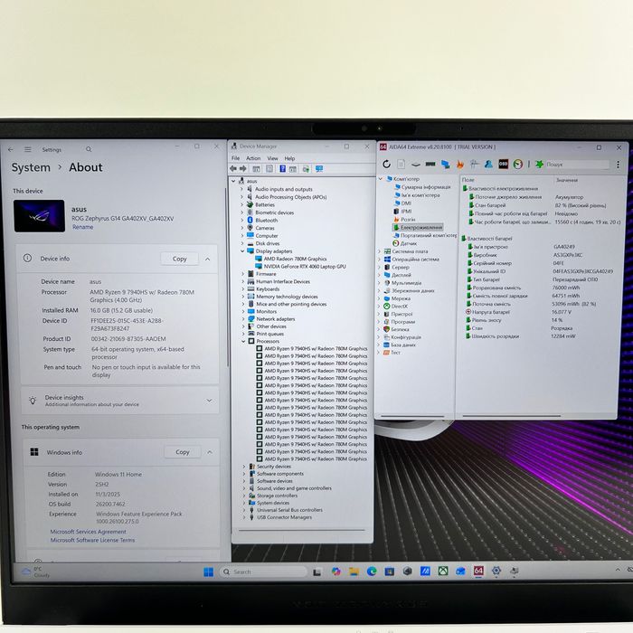 ASUS ROG Zephyrus G14 R9 7940HS 16GB RAM 512GB SSD RTX 4060 Гарантія