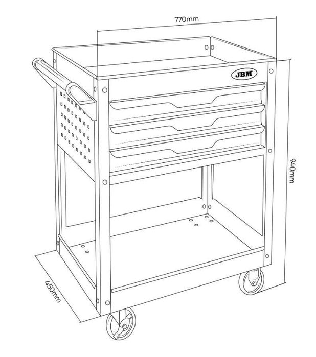 CARRINHO COM 3 GAVETAS, 1 BANDEJA E GRELHAS LATERAIS REF: 54839