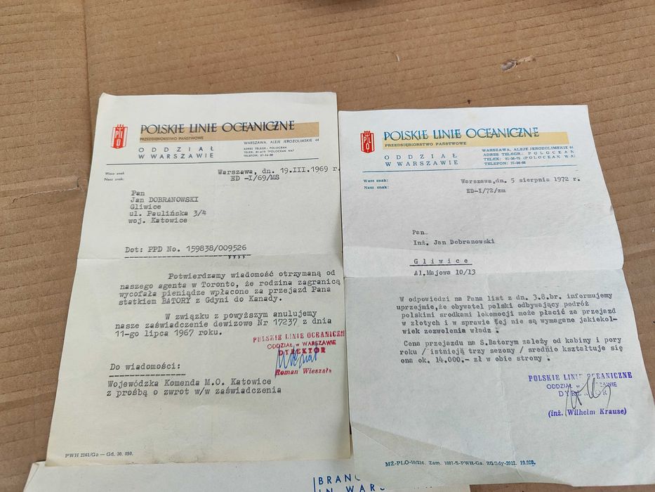 3 dokumenty Polskie Linie Oceaniczne, statek Batory 1967,1969 i 1972r