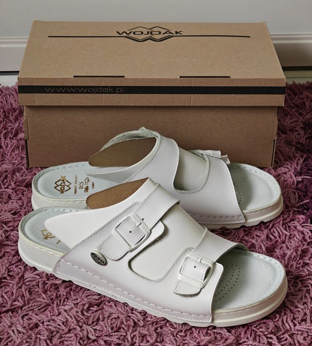 NOWE Skórzane Klapki Medyczne Męskie Wojdak BW 102 Białe Rozmiar 44