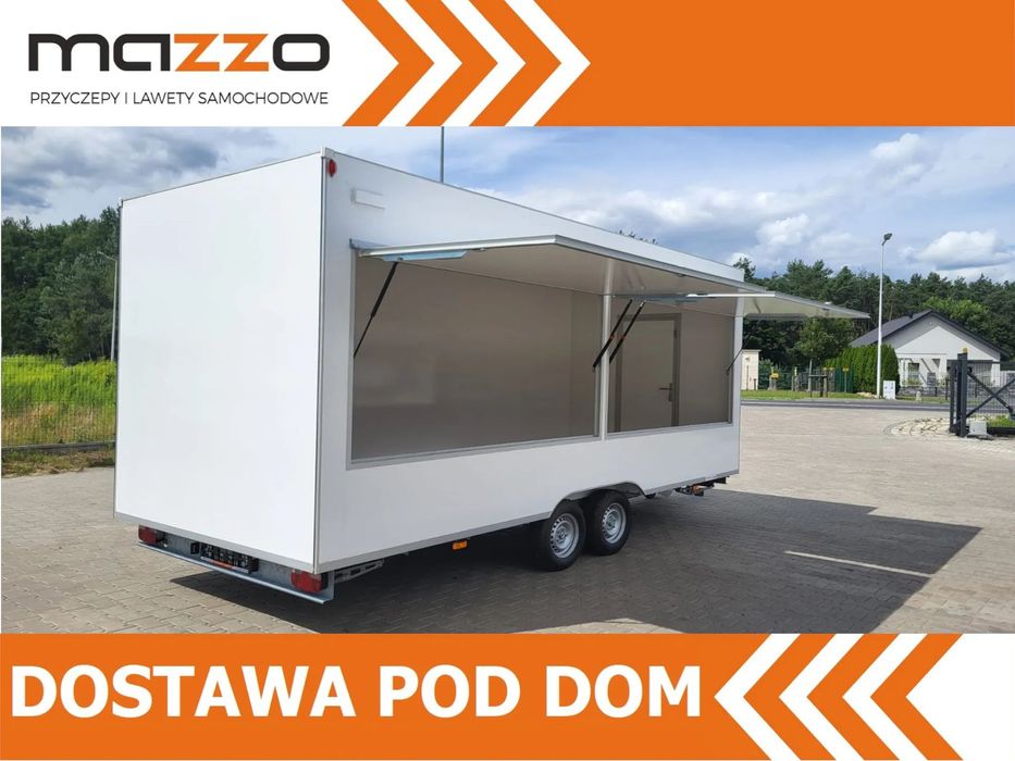 Niewiadów DOSTAWA! H20521HT Przyczepa HANDLOWA gastronomiczna 520x203x230! 2 klapy sprzedażowe, ściany z LAMINATU! DMC 2000kg  Przyczepa gastronomiczna z demontowalnym dyszlem 5,2 m DMC 2000kg!
