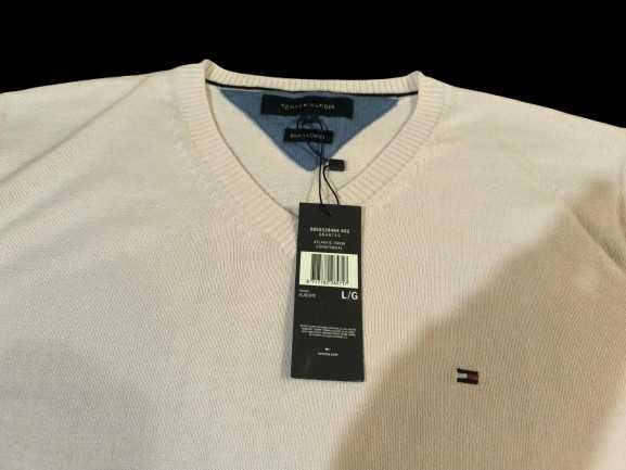 Nowy Sweter Tommy Hilfinger L unisex PIMA V-neck Kremowy Metki XL