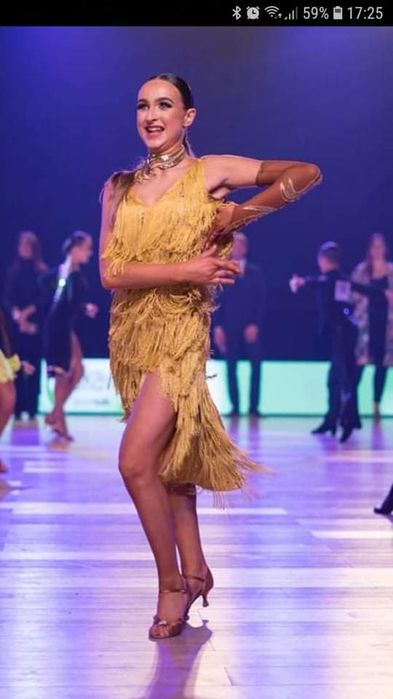 Złota zdobiona sukienka taniec towarzyski, super stan, 155-165cm