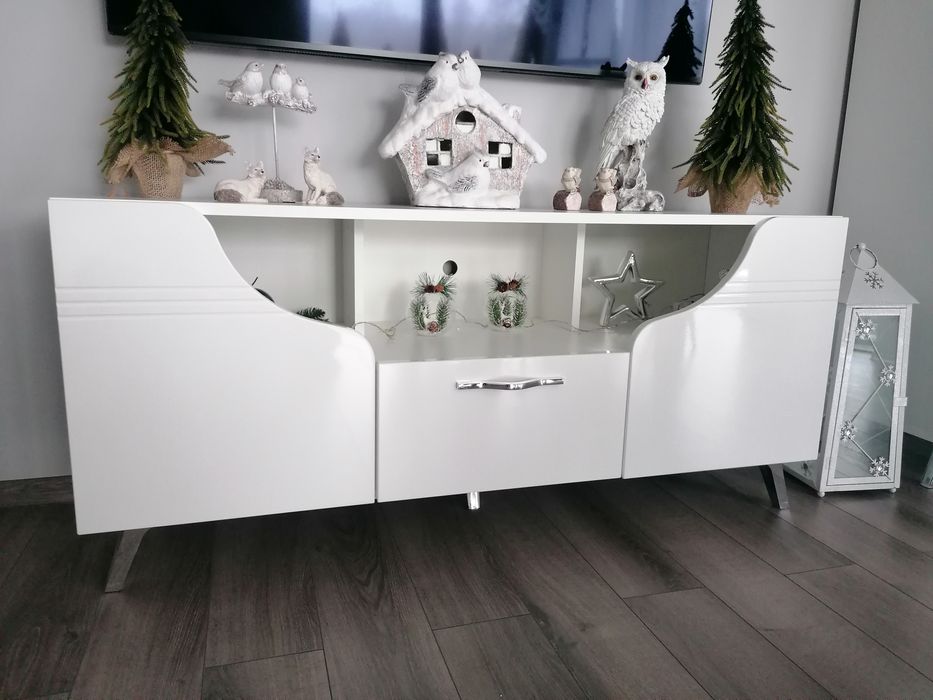 Komplet szafka RTV witryna komoda wysoka biały połysk