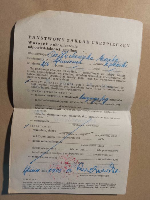 stary dokument prl plisa samochodowa  pzu 1973 rok