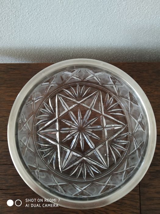 Miska, misa, kryształ hefra z posrebrzanym okuciem