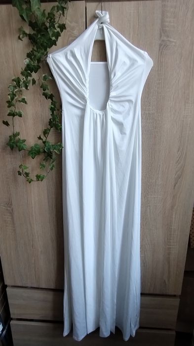 Biała sukienka maxi halter marszczona S 36