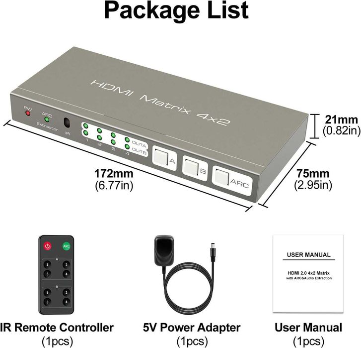 Splitter Przełącznik Matrycy Hdmi 4k60hz Hdr10 Arc Aux Edid Hdcp2.2