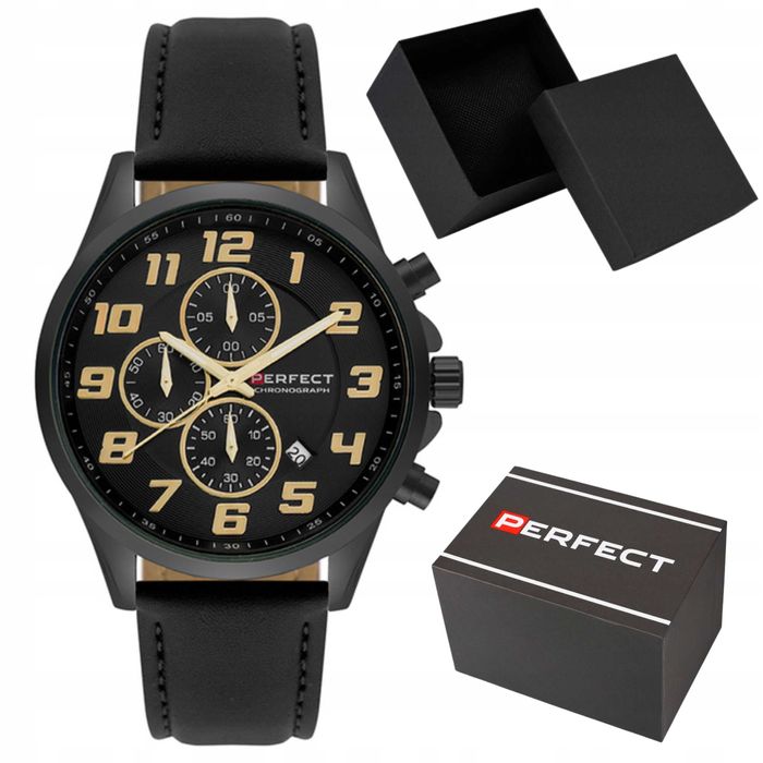 Zegarek Męski Perfect Czarny Chronograf Classic Pudełko Prezentowe