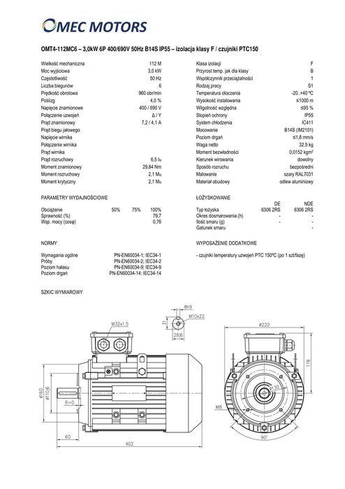 silnik elektryczny 3kW 900obr. 3fazowy 112B3 OMT