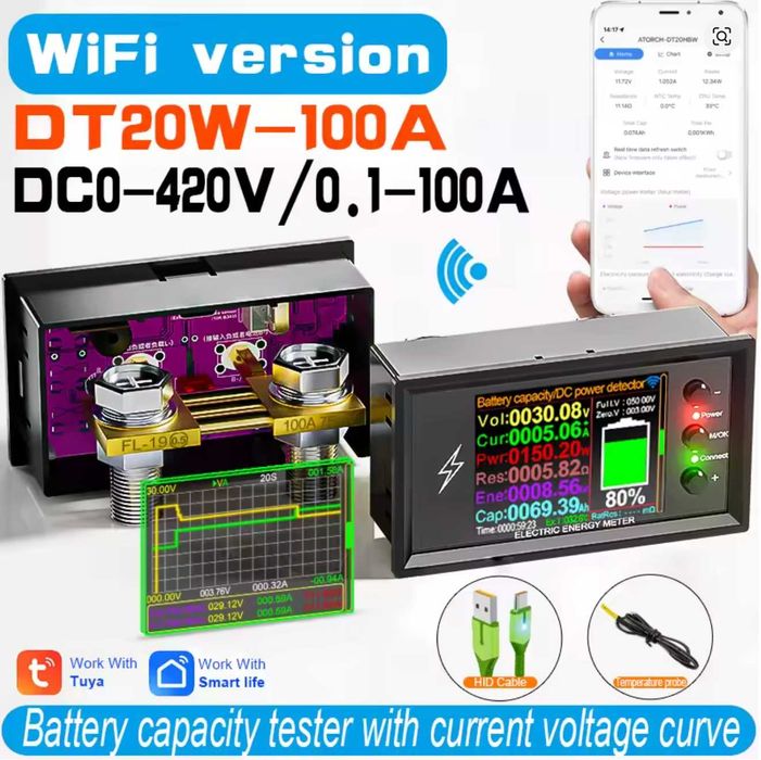 Індикатор параметрів АКБ Atorch DT20W 100A WiFi