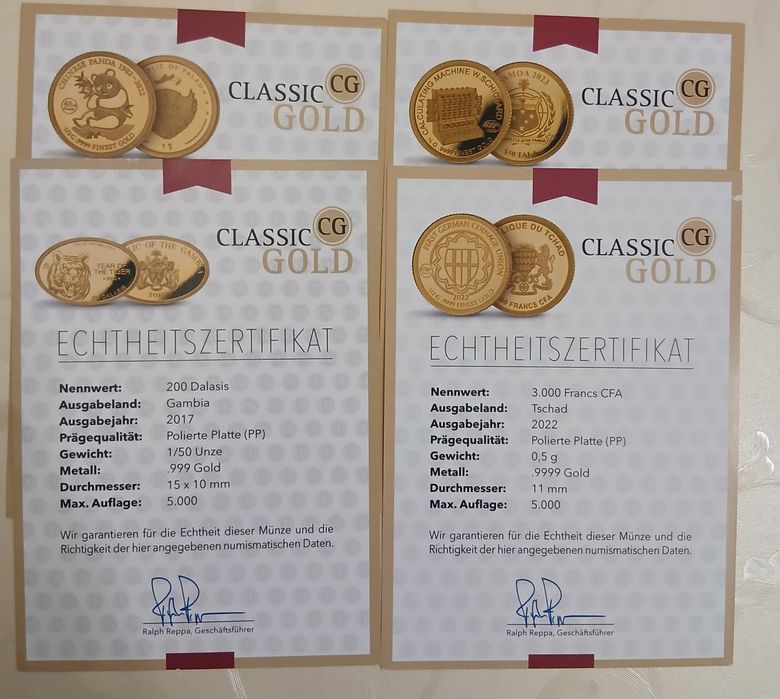 11 золотых монет 999.9 пробы, с сертификатами