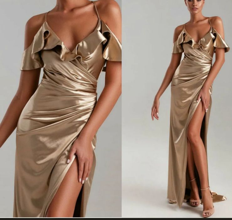 Сукня зі шлейфом, золотого кольору , 38 розмір.